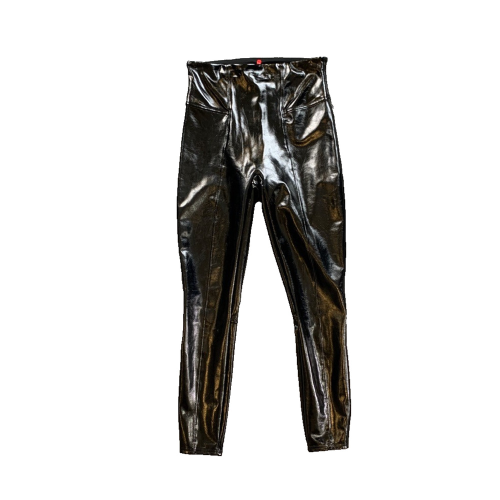 Spanx Pants Womens M Medium Black Faux Patent Leather Pull On Sleek Contour